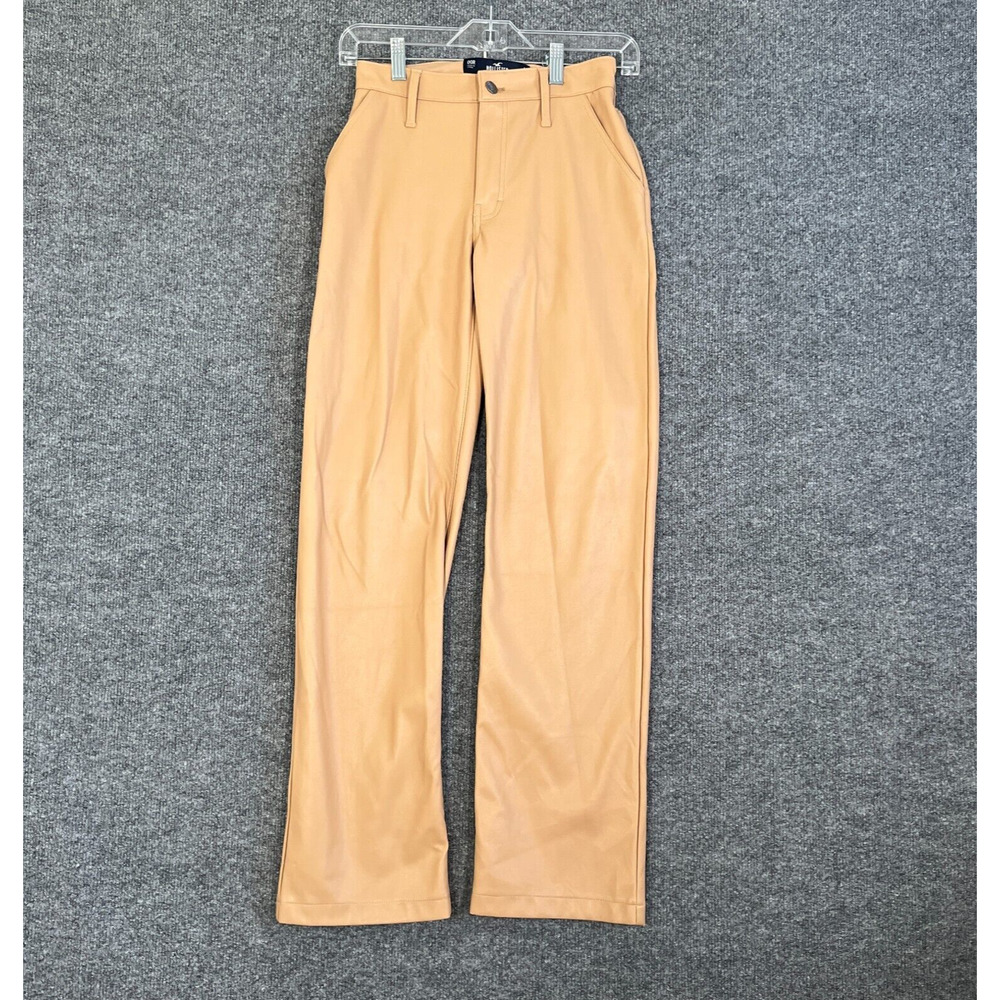 Hollister Pants Womens 2XS Beige High Rise straight Wide Leg Faux Leather Boho‎